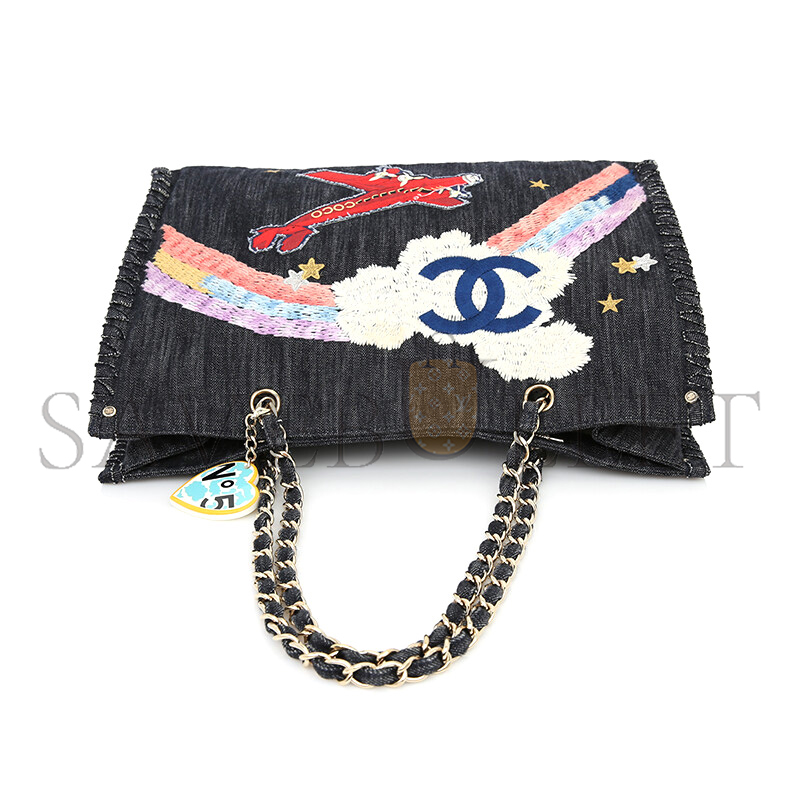 Ch**el dark blue embroidered denim night flight tote bag (40*30cm)